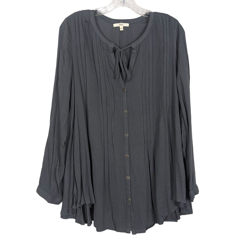 PURSUE long sleeve V Tie neck button front oversized comfortable Gray Tunic sz L